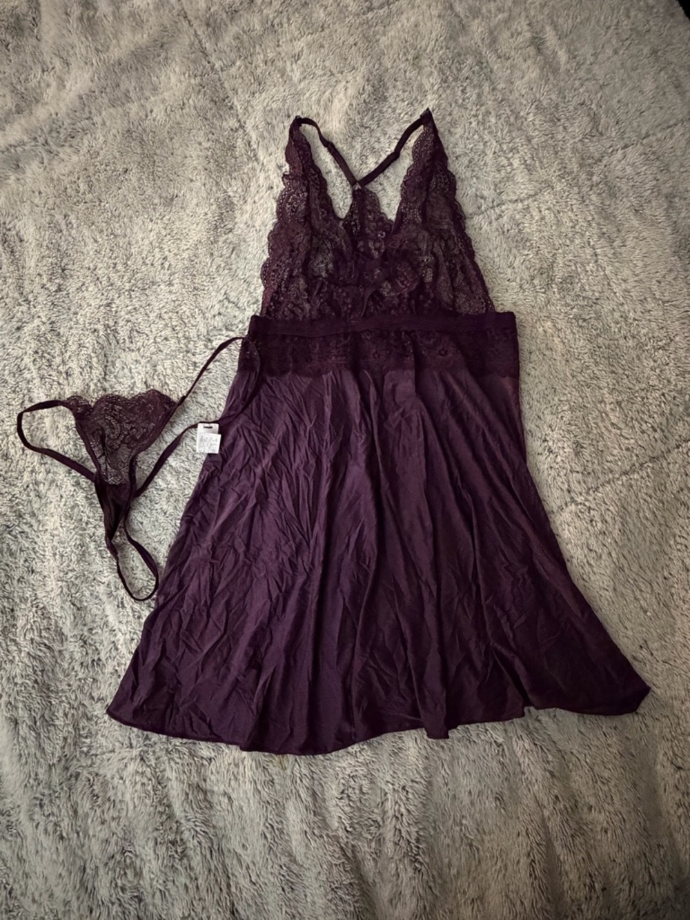 Pure Romance Plum Lace Chemise with Matching Thong